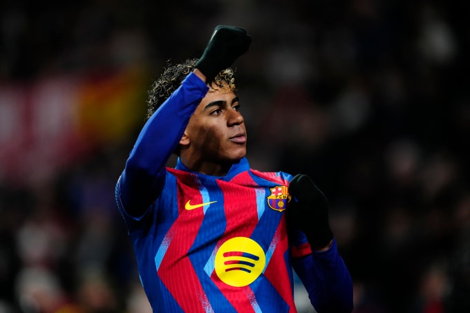Lamine Yamal mừng bàn mở tỷ số trận Barca thắng chủ nhà Albacete 2-1 ở tứ kết Cup Nhà Vua Tây Ban Nha ngày 3/2/2026 trên sân Carlos Belmonte. Ảnh: AFP