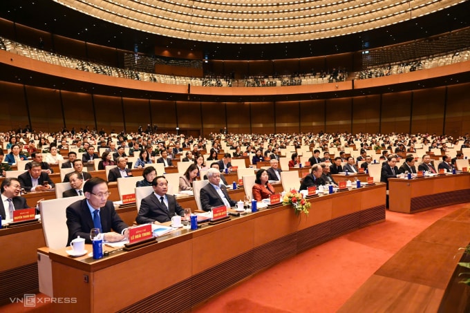 Đại biểu dự hội nghị toàn quốc quán triệt Nghị quyết Đại hội Đảng XIV tại điểm cầu hội trường Diên Hồng, Nhà Quốc hội, sáng 7/2. Ảnh: Giang Huy