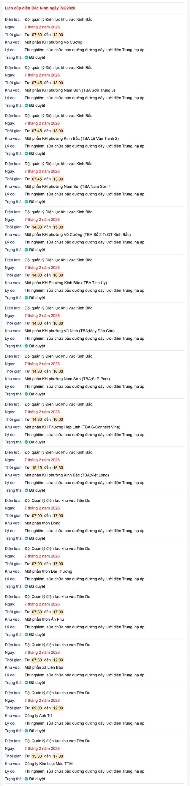 Tra cứu lịch cắt điện Bắc Ninh hôm nay Thứ 7 ngày 7/2/2026- Ảnh 1. Tra cứu lịch cắt điện Bắc Ninh hôm nay Thứ 7 ngày 7/2/2026- Ảnh 1.