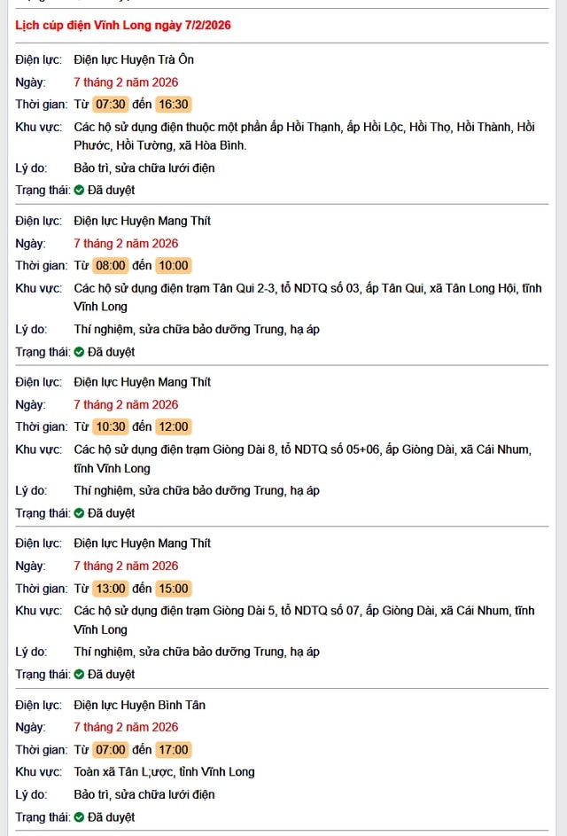 Tra cứu lịch cúp điện Vĩnh Long hôm nay Thứ 7 ngày 7/2/2026- Ảnh 1. Tra cứu lịch cúp điện Vĩnh Long hôm nay Thứ 7 ngày 7/2/2026- Ảnh 1.