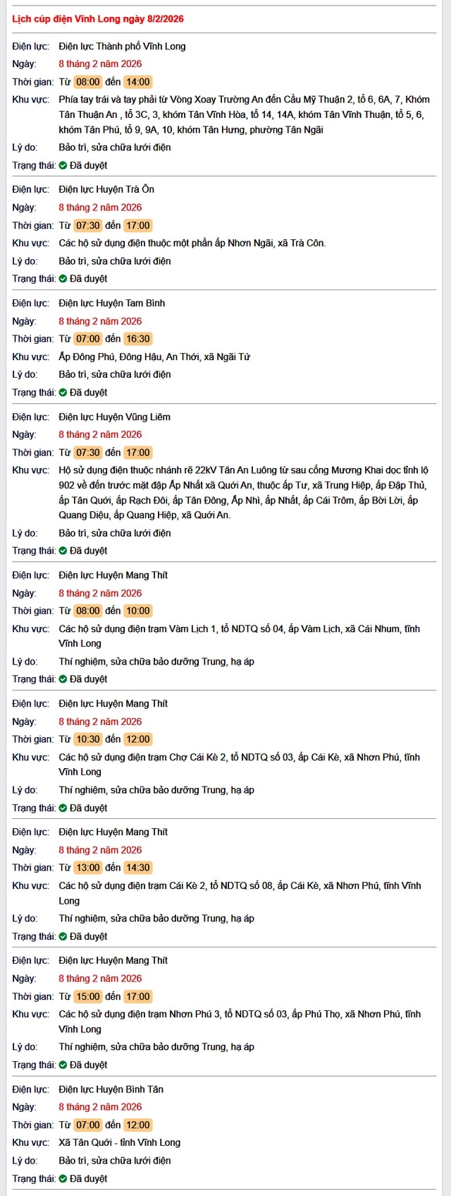 Tra cứu lịch cúp điện Vĩnh Long hôm nay Chủ Nhật ngày 8/2/2026- Ảnh 1.