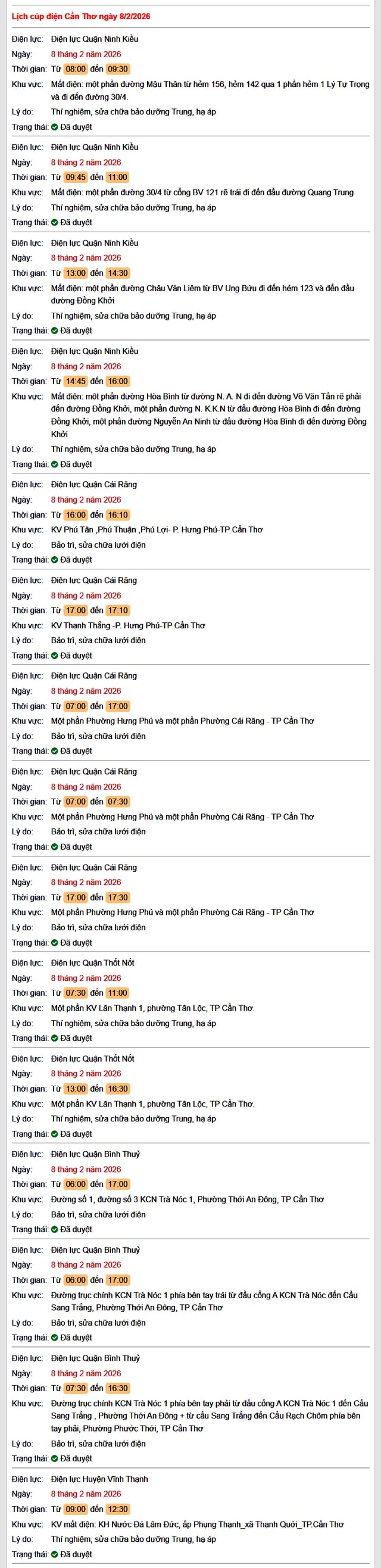 Tra cứu lịch cúp điện Cần Thơ hôm nay Chủ Nhật ngày 8/2/2026- Ảnh 1.