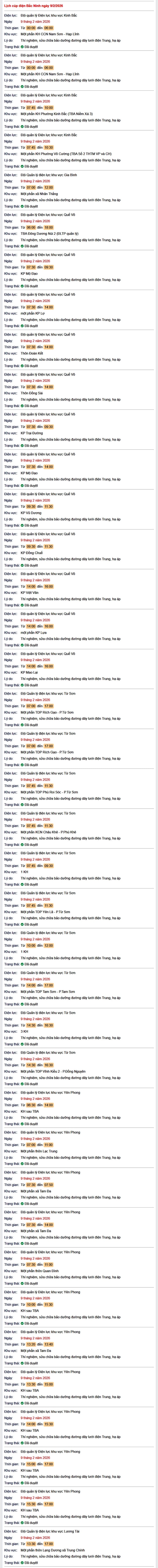Tra cứu lịch cắt điện Bắc Ninh hôm nay Thứ 2 ngày 9/2/2026- Ảnh 1. Tra cứu lịch cắt điện Bắc Ninh hôm nay Thứ 2 ngày 9/2/2026- Ảnh 1.