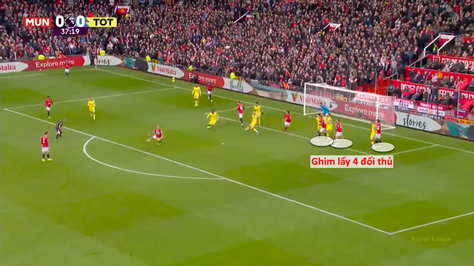 Mbeumo thoải mái nhận bóng khi các vị trí phòng ngự của Tottenham đều bị ghim chặt.