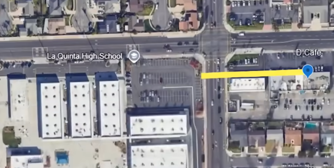 Khoảng cách giữa quán DD Cafe và trường trung học La Quinta. Đồ họa: GG Maps