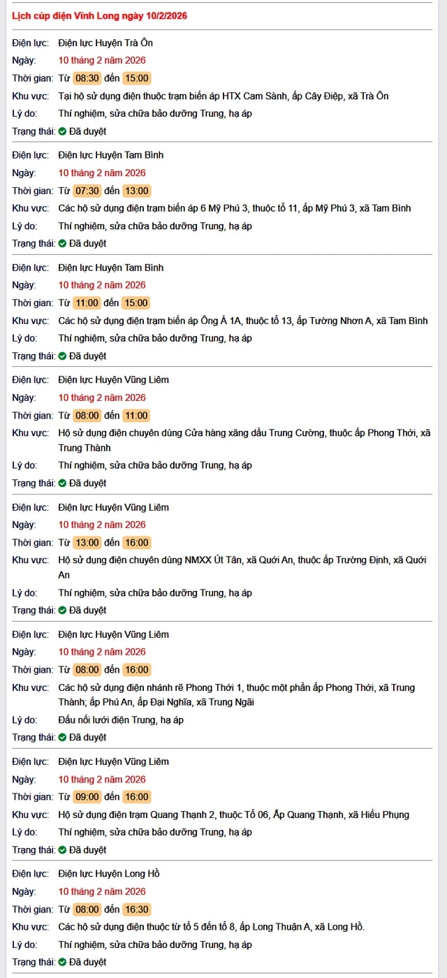 Tra cứu lịch cúp điện Vĩnh Long hôm nay Thứ 3 ngày 10/2/2026- Ảnh 1.