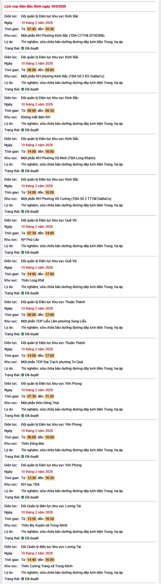 Tra cứu lịch cắt điện Bắc Ninh hôm nay Thứ 3 ngày 10/2/2026- Ảnh 1. Tra cứu lịch cắt điện Bắc Ninh hôm nay Thứ 3 ngày 10/2/2026- Ảnh 1.