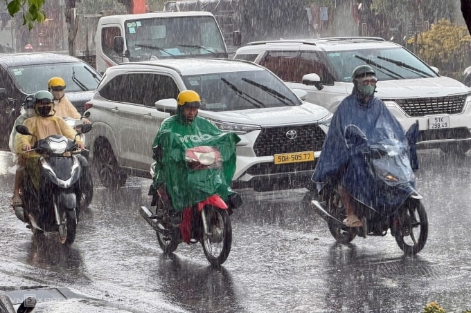 Người dân lái xe máy trong cơn mưa nặng hạt trên đường Nam Kỳ Khởi Nghĩa (quận 1 cũ), trưa 11/2. Ảnh: Thanh Tùng