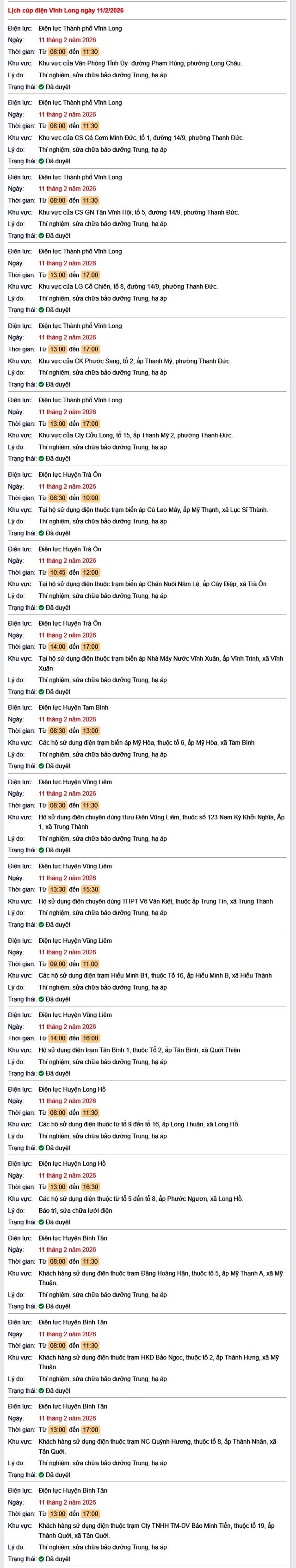 Tra cứu lịch cúp điện Vĩnh Long hôm nay Thứ 4 ngày 11/2/2026- Ảnh 1. Tra cứu lịch cúp điện Vĩnh Long hôm nay Thứ 4 ngày 11/2/2026- Ảnh 1.