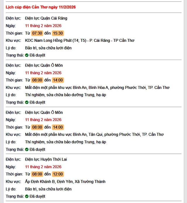 Tra cứu lịch cúp điện Cần Thơ hôm nay Thứ 4 ngày 11/2/2026- Ảnh 1.