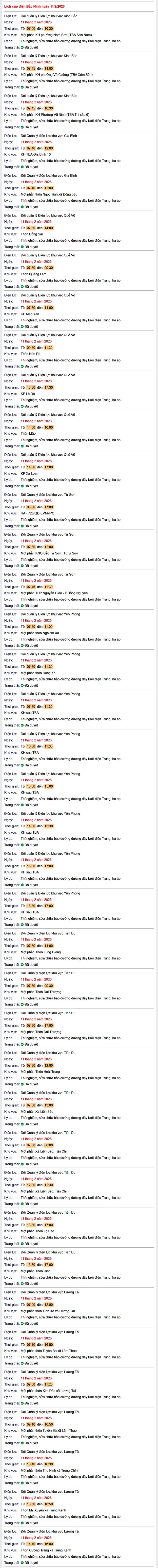 Tra cứu lịch cắt điện Bắc Ninh hôm nay Thứ 4 ngày 11/2/2026- Ảnh 1. Tra cứu lịch cắt điện Bắc Ninh hôm nay Thứ 4 ngày 11/2/2026- Ảnh 1.