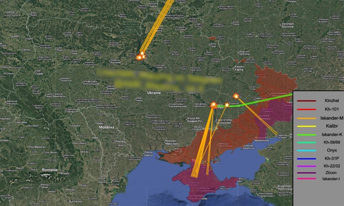 Đường bay của tên lửa Nga trong trận tập kích ngày 12/2. Đồ họa: X/AMP Mapping
