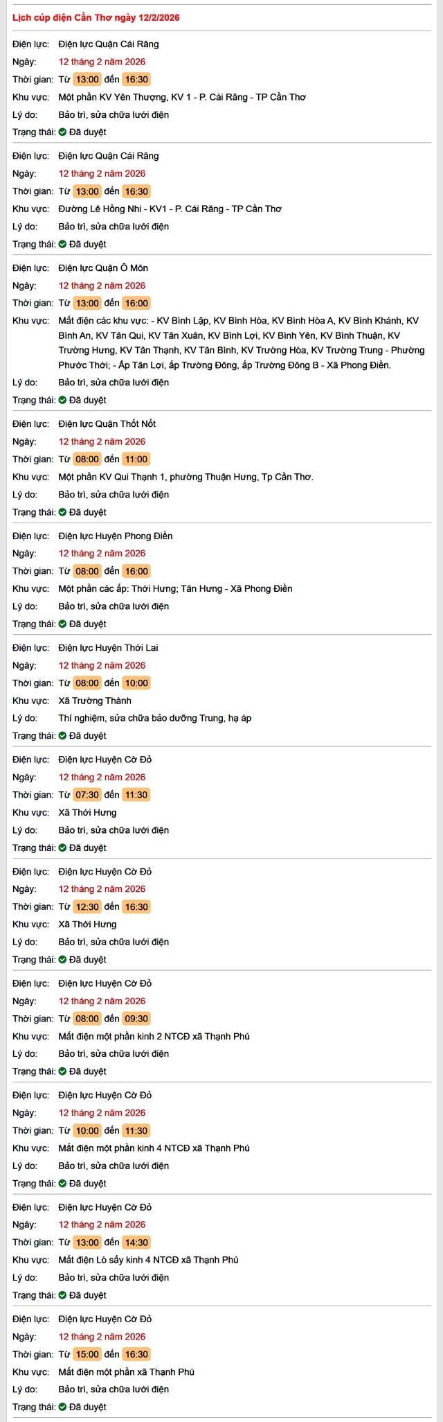 Tra cứu lịch cúp điện Cần Thơ hôm nay Thứ 5 ngày 12/2/2026- Ảnh 1.