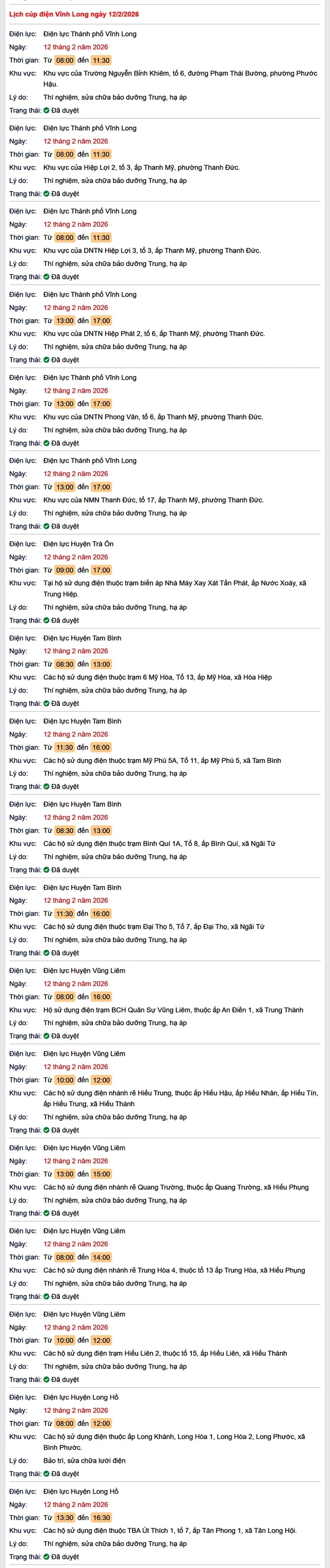 Tra cứu lịch cúp điện Vĩnh Long hôm nay Thứ 5 ngày 12/2/2026- Ảnh 1.
