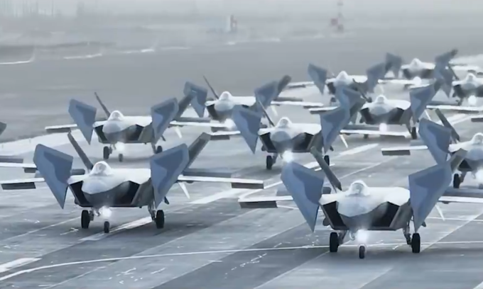 Tiêm kích J-20 Trung Quốc dàn hàng trong video do China Military Bugle đăng hôm 11/2. Ảnh chụp màn hình
