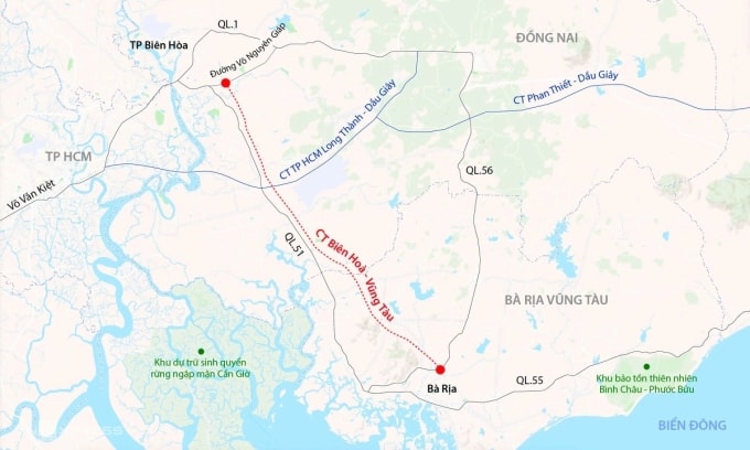 Hướng tuyến cao tốc Biên Hòa - Vũng Tàu. Đồ họa: Đăng Hiếu
