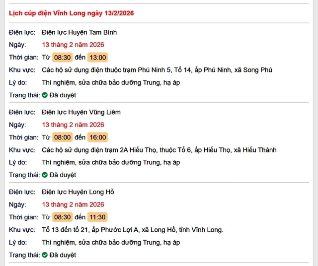 Tra cứu lịch cúp điện Vĩnh Long hôm nay Thứ 6 ngày 13/2/2026- Ảnh 1.