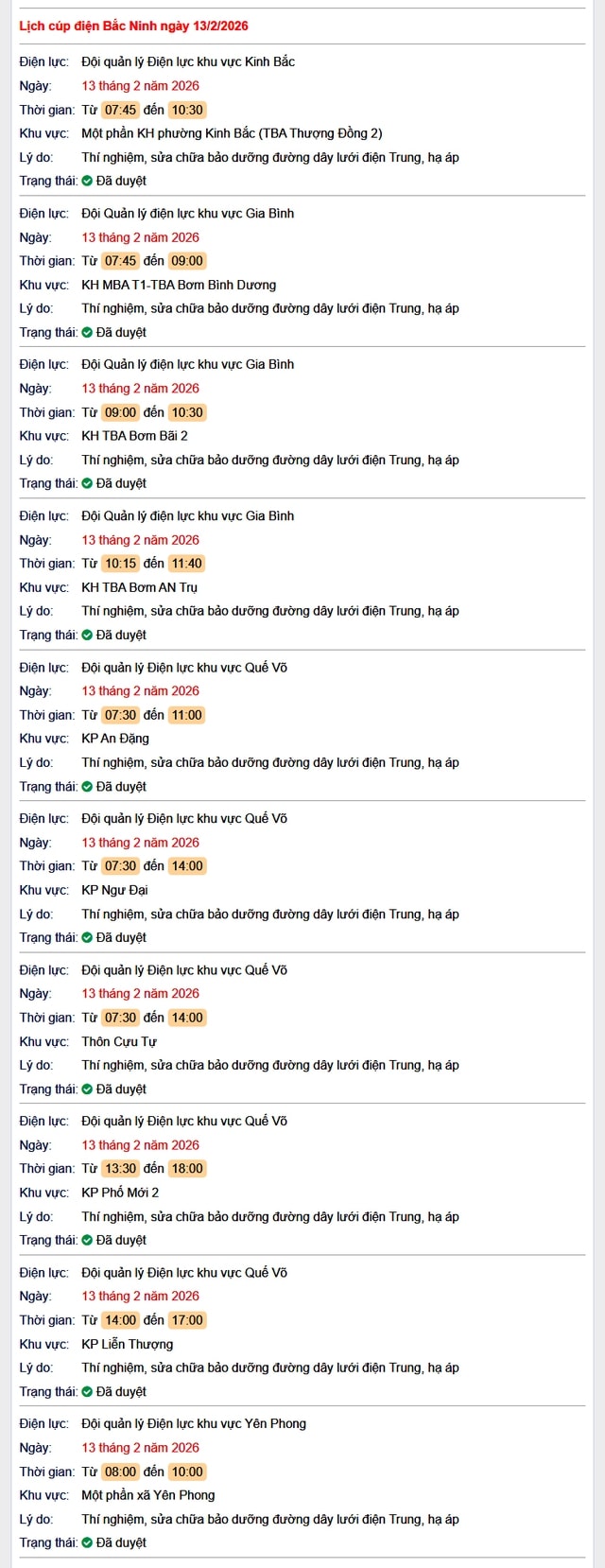 Tra cứu lịch cắt điện Bắc Ninh hôm nay Thứ 6 ngày 13/2/2026- Ảnh 1. Tra cứu lịch cắt điện Bắc Ninh hôm nay Thứ 6 ngày 13/2/2026- Ảnh 1.