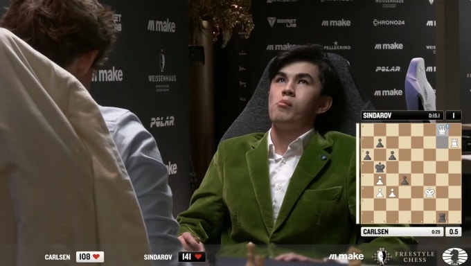 Sindarov ngán ngẩm sau khi rơi vào bẫy chiếu hết của Carlsen. Ảnh: chụp màn hình
