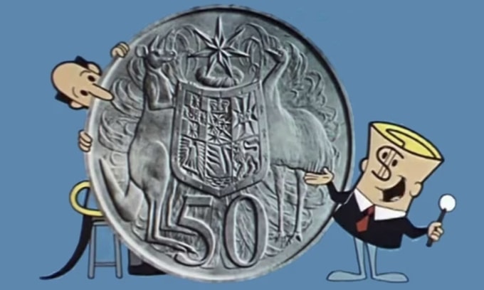 Nhân vật quảng cáo cho đồng tiền mới của Australia 60 năm trước. Ảnh: Viện Lưu trữ Phim và Âm thanh Quốc gia Australia