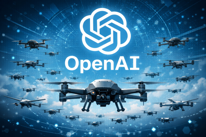 Các UAV bay thành bầy bên cạnh logo OpenAI. Ảnh: ChatGPT