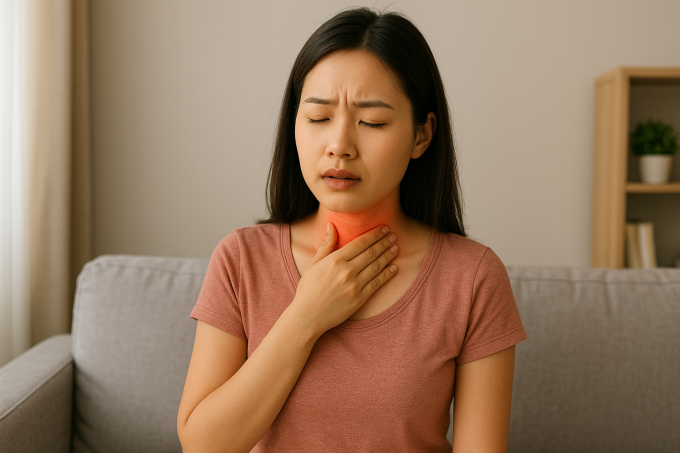 Trào ngược họng thanh quản gây khàn tiếng, nóng rát vùng cổ họng. Ảnh được tạo bởi AI