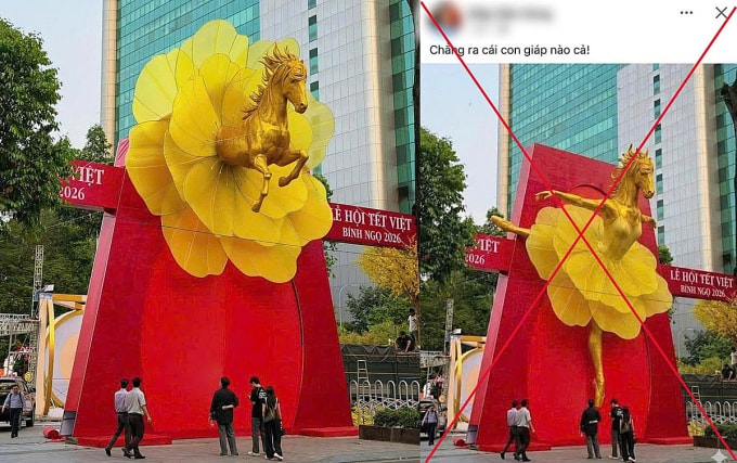 Hình ảnh linh vật ngựa ban đầu (bên trái), với hình ảnh đã bị chỉnh sửa bằng AI và người đàn ông chia sẻ lên trang cá nhân (bên phải). Ảnh: Thành Huynh