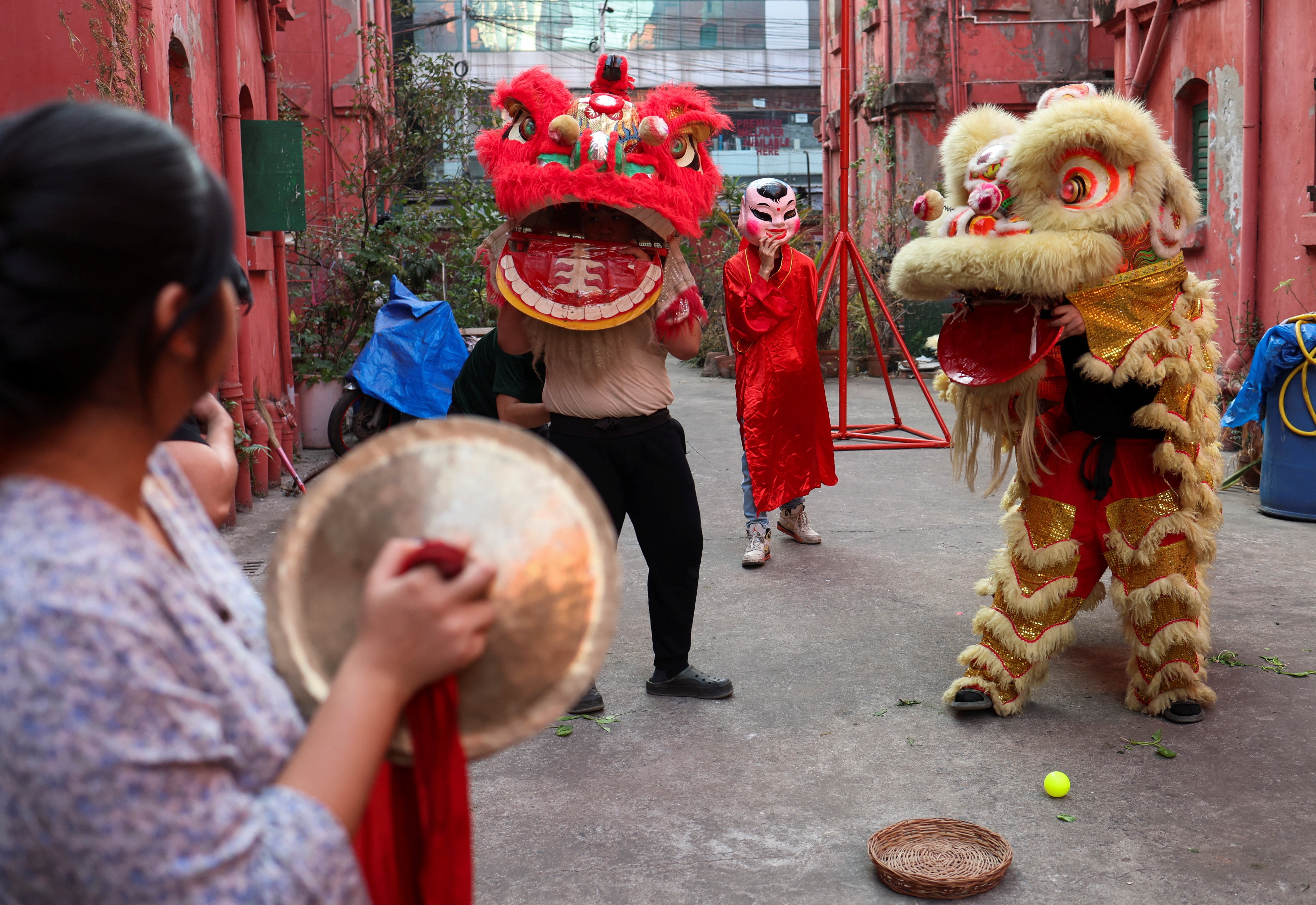 Các thành viên của đoàn múa lân Shining Star tập luyện chuẩn bị cho lễ Tết Nguyên đán sắp tới tại Kolkata, Ấn Độ, ngày 15/2/2026. (Ảnh: REUTERS/Sahiba Chawdhary)