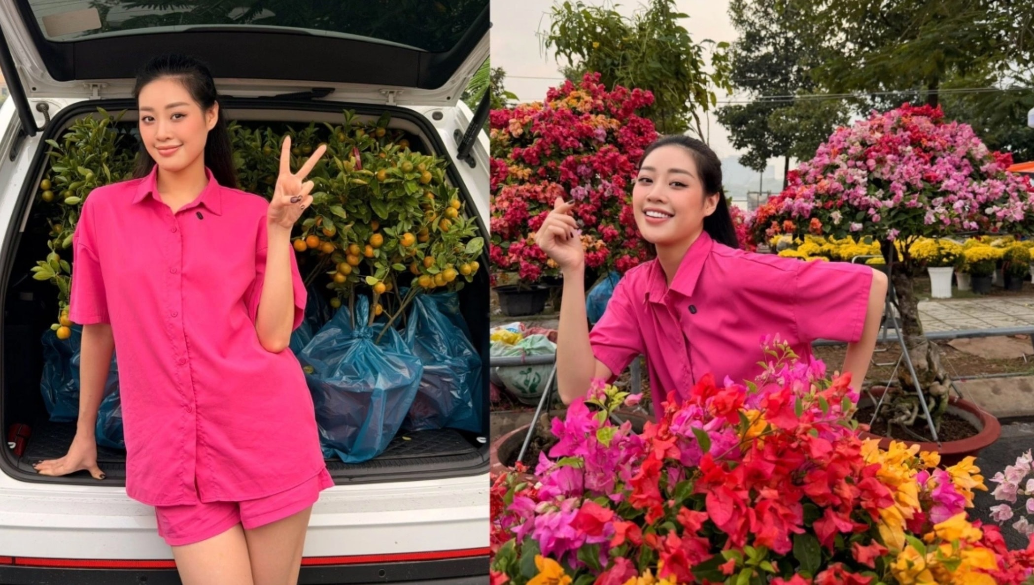 Hoa hậu Khánh Vân háo hức đi chợ hoa sắm Tết cùng ông xã. Được chồng chụp ảnh cho, Khánh Vân càng thêm rạng rỡ, thoải mái tạo dáng giữa chợ hoa xuân đông đúc. Cô viết: “Trang phục hồng hồng có hợp với chợ hoa Tết không ạ, cả nhà mua hoa Tết ủng hộ các cô chú nha”.