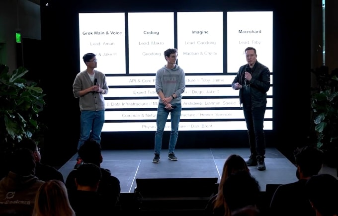 Elon Musk (phải) trong cuộc họp toàn thể nhân viên của xAI tháng 2/2026. Ảnh:xAI