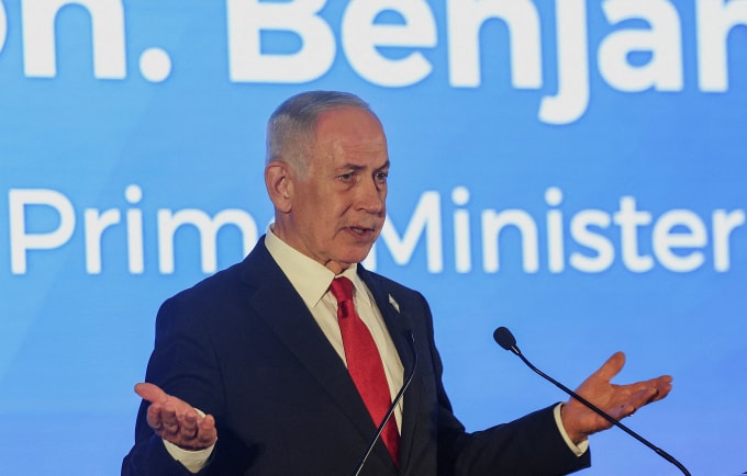 Thủ tướng Israel Benjamin Netanyahu phát biểu trong hội nghị thường niên chủ tịch các tổ chức Do Thái lớn của Mỹ tại Jerusalem hôm 15/2. Ảnh: Reuters