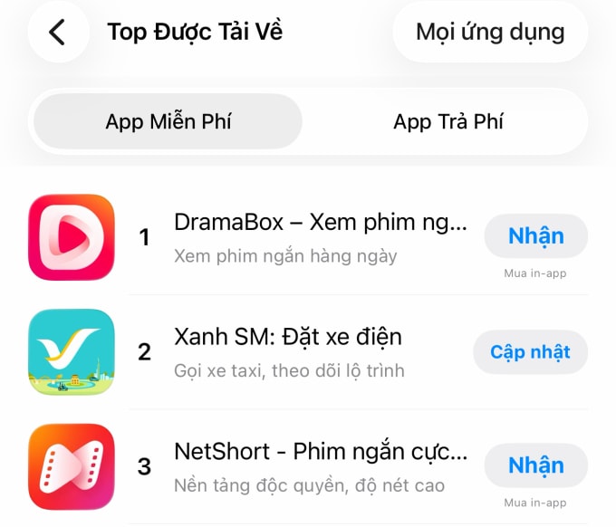 2 trong 3 ứng dụng được tải nhiều nhất trên App Store ngày 15/2 là ứng dụng Short Drama. Ảnh chụp màn hình