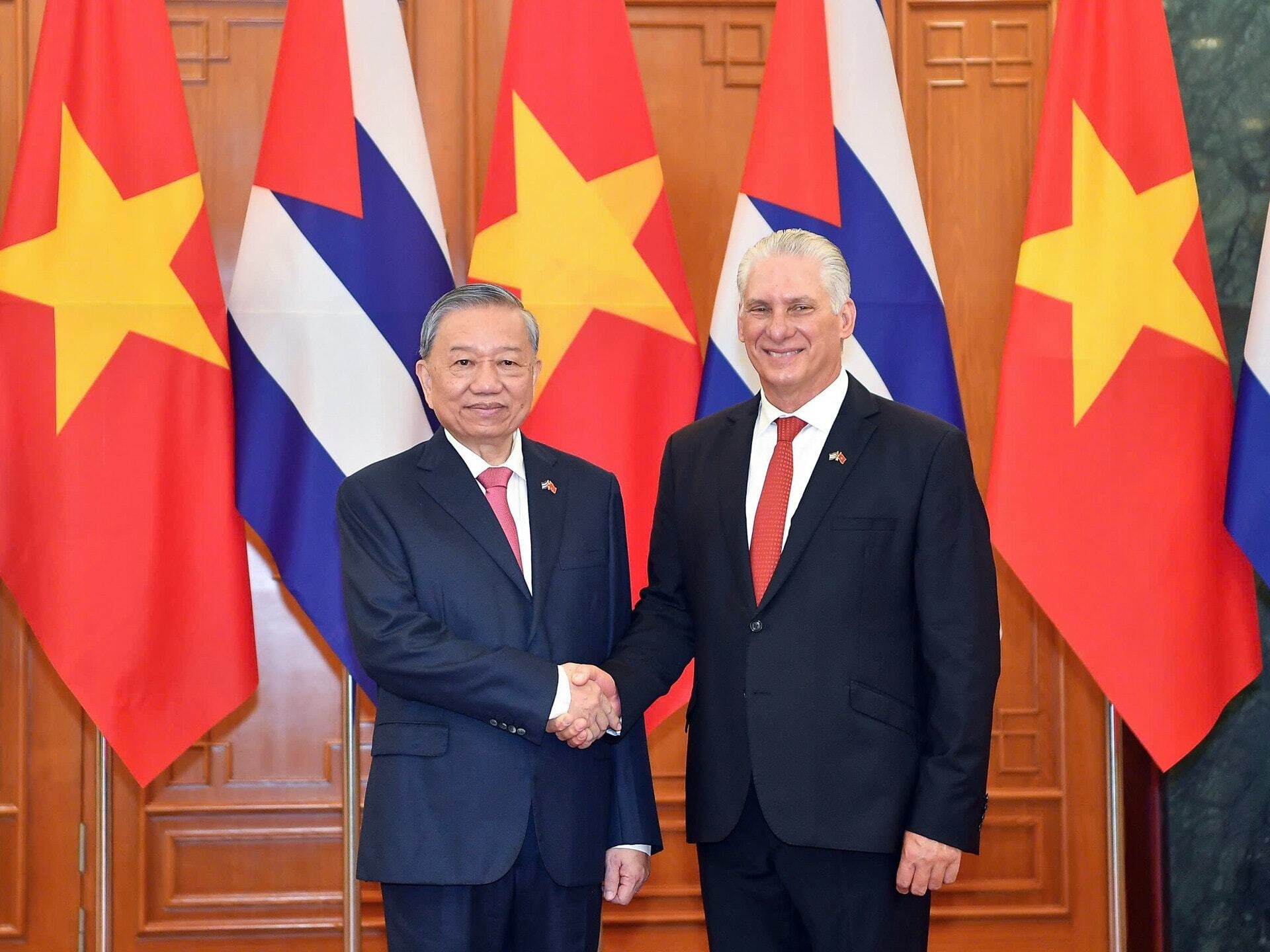 Tổng Bí thư Tô Lâm và Bí thư thứ nhất Ban Chấp hành Trung ương Đảng Cộng sản Cuba, Chủ tịch nước Miguel Díaz-Canel Bermúdez.