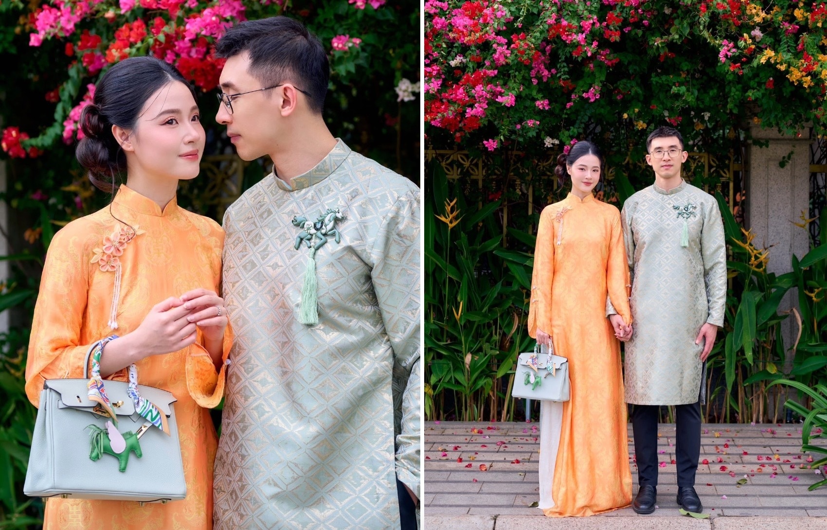 Sáng mùng 1 Tết Bính Ngọ 2026, vợ chồng Midu diện áo dài đi chúc Tết. Họ cùng ghi lại một số khoảnh khắc đẹp trong ngày đầu năm mới. 