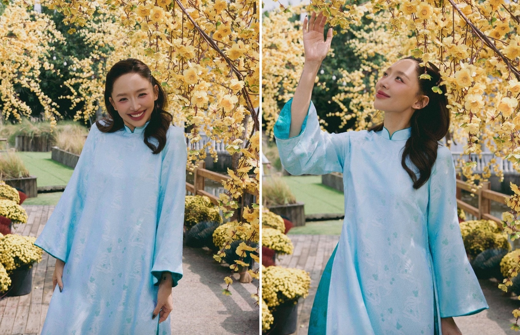 Tóc Tiên rạng rỡ chào đón năm mới với trang phục áo dài. Năm nay, cô đón Tết một mình. 