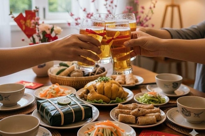 Uống nhiều rượu bia trong dịp Tết có thể ảnh hưởng đến đường hô hấp trên, gây khàn tiếng, ho. Ảnh được tạo bởi AI