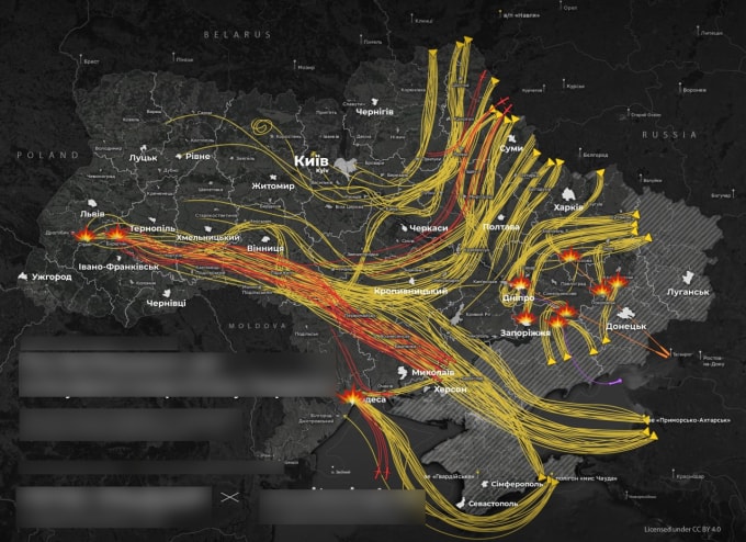 Đường bay của tên lửa và UAV Nga trong trận tập kích ngày 17/2. Đồ họa: X/Monitor War