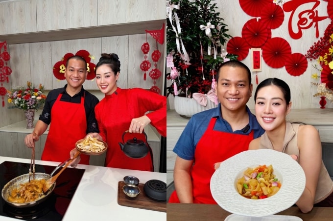 Vợ chồng Khánh Vân trong gian bếp ngày Tết.