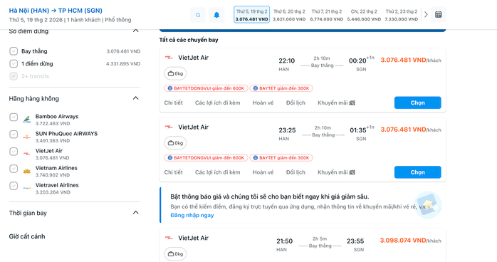 Vé máy bay Tết từ Hà Nội và TPHCM vẫn thấp ngày mùng 3 Tết 2026 - Ảnh 3. Vé máy bay Tết từ Hà Nội và TPHCM vẫn thấp ngày mùng 3 Tết 2026 - Ảnh 3.