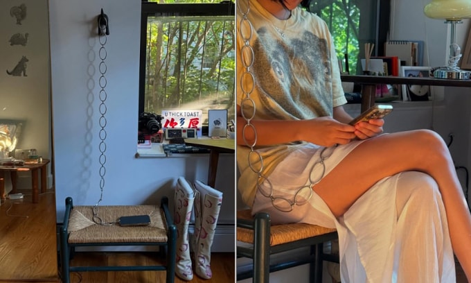 Tiffany Ng xích điện thoại di động vào tường. Ảnh: Tiffany Ng