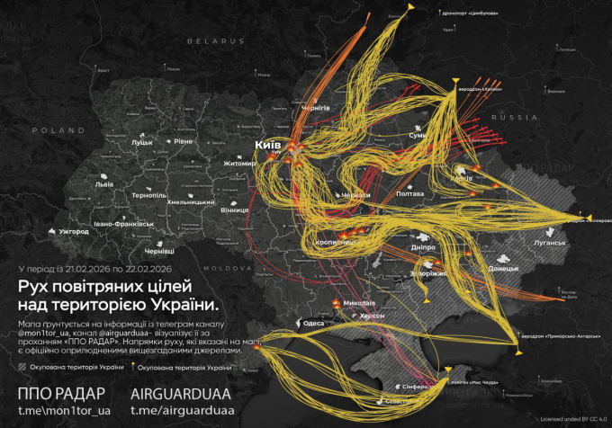 Đường bay của UAV (màu vàng) và các tên lửa Nga trong cuộc tập kích. Ảnh: X/andrii_sybiha