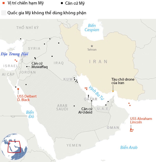 Vị trí các chiến hạm và căn cứ Mỹ ở Trung Đông, với tàu sân bay USS Gerald R. Ford đang tiến vào khu vực. Đồ họa: Washington Post
