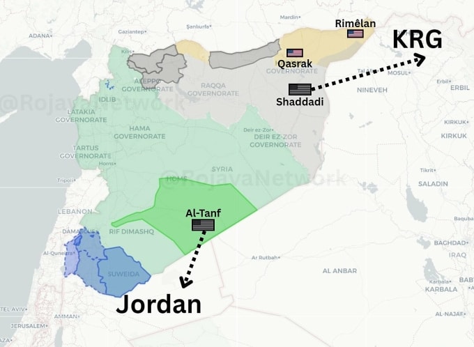 Vị trí các căn cứ Al-Tanf, Shadadi và Qasrak ở Syria. Đồ họa: X/Rojava Network
