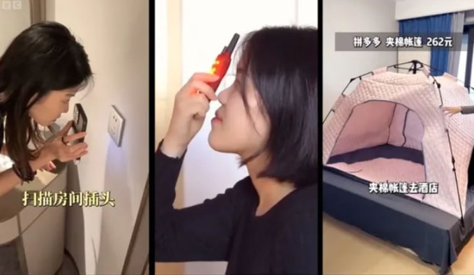 Một nữ du khách đang dò tìm camera giấu kín và trải lều lên giường trong khách sạn để bảo vệ hình ảnh riêng tư. Ảnh: BBC