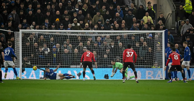 James Tarkowski nằm sân phá bóng trong trận Everton thua Man Utd 0-1 ở vòng 27 Ngoại hạng Anh trên sân Hill Dickinson, Bramley-Moore Dock, Vauxhall, Liverpool, Anh ngày 23/2/2026. Ảnh: AFP