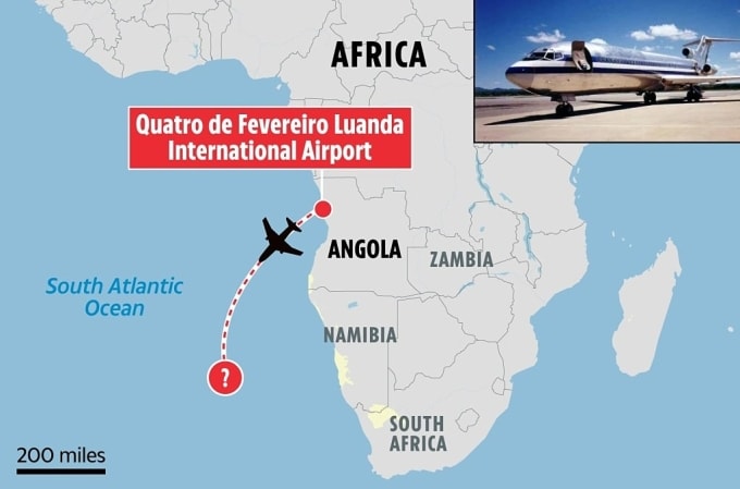 Chiếc Boeing 727 cất cánh từ sân bay quốc tế Quatro de Fevereiro ở Angola, biến mất khi hướng ra Đại Tây Dương. Ảnh: The Sun