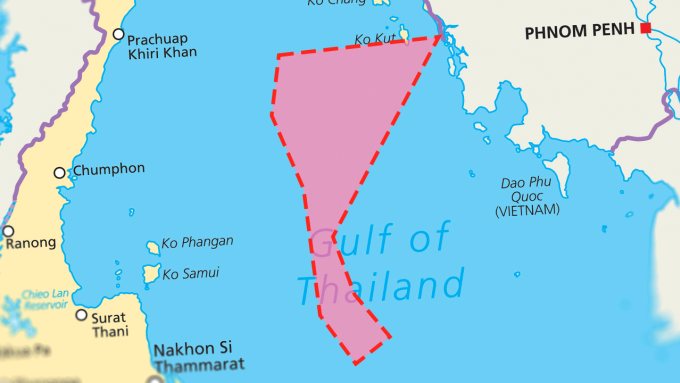 Vùng Chồng lấn (màu đỏ) giữa Thái Lan và Campuchia trên Vịnh Thái Lan. Ảnh: Thairath