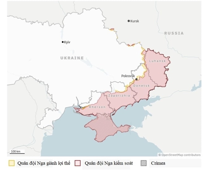 Các vùng lãnh thổ Nga kiểm soát tại Ukraine tính đến tháng 2/2026. Đồ họa: CBC