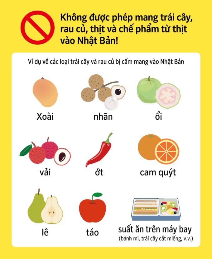 Một số ví dụ về các loại trái cây, rau củ bị cấm mang vào Nhật: xoài, nhãn, ổi, vải, ớt, cam quýt, lê, táo, suất ăn trên máy bay như bánh mì, trái cây cắt miếng. Ảnh: Maff