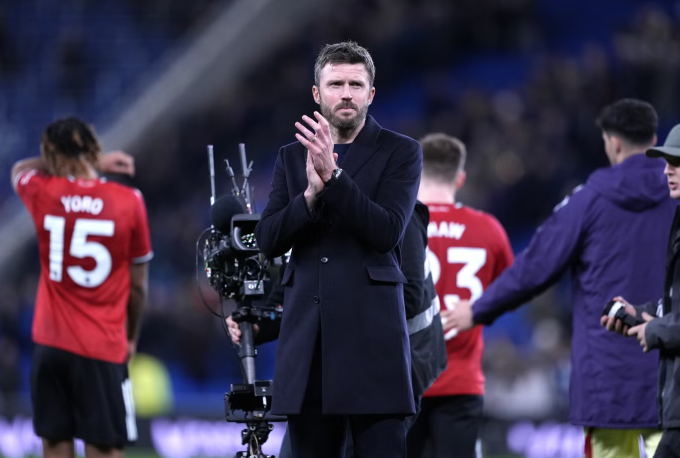 HLV Michael Carrick phản ứng sau trận Man Utd thắng Everton 1-0 ở vòng 27 Ngoại hạng Anh trên sân Hill Dickinson, Bramley-Moore Dock, Vauxhall, Liverpool, Anh ngày 23/2/2026. Ảnh: PA Wire